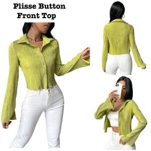 #T140 Green Button Front Crop Split Sleeve Plisse Shirt SZ L $19